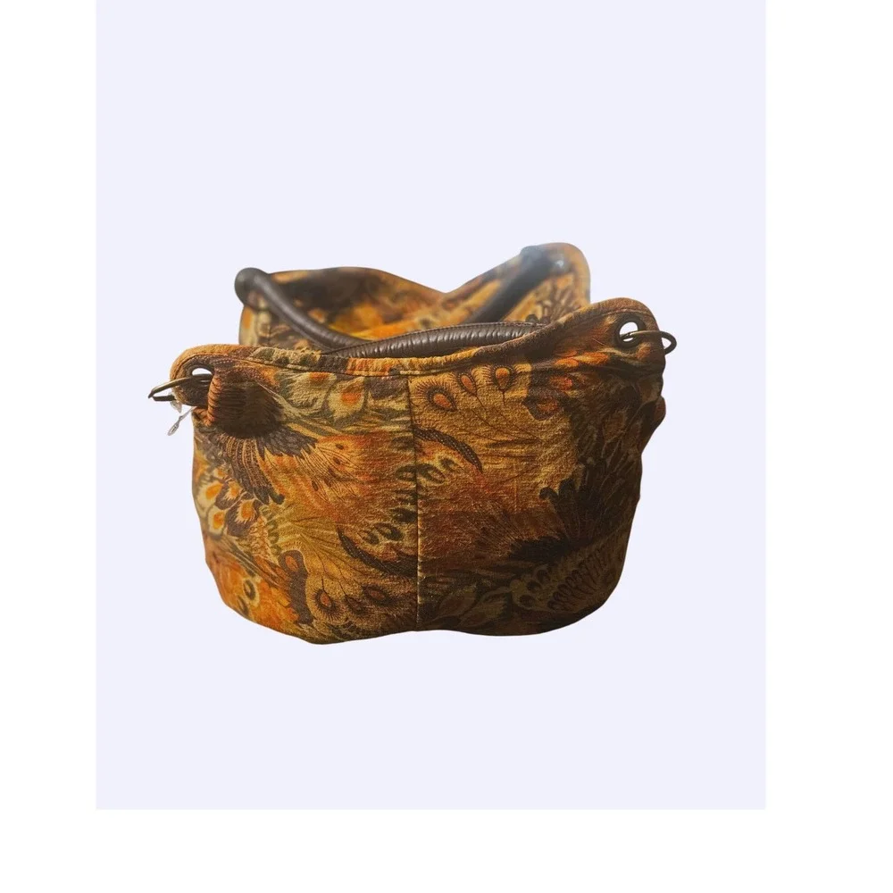 Peacock Feather Print Hobo Bag Orange Brown Tapestry Shoulder Tote